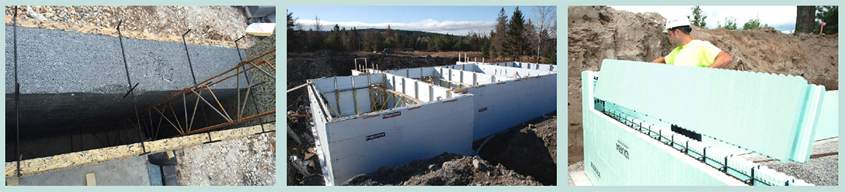 (left) Velox’s unusual spin on ICF, in this case with additional platinum EPS insulation fixed to the structural wood/cement formwork; (middle) the Polycrete ICF system – in another example of ICF being used below ground level; (right) the Nudura ICF system going up like Lego.