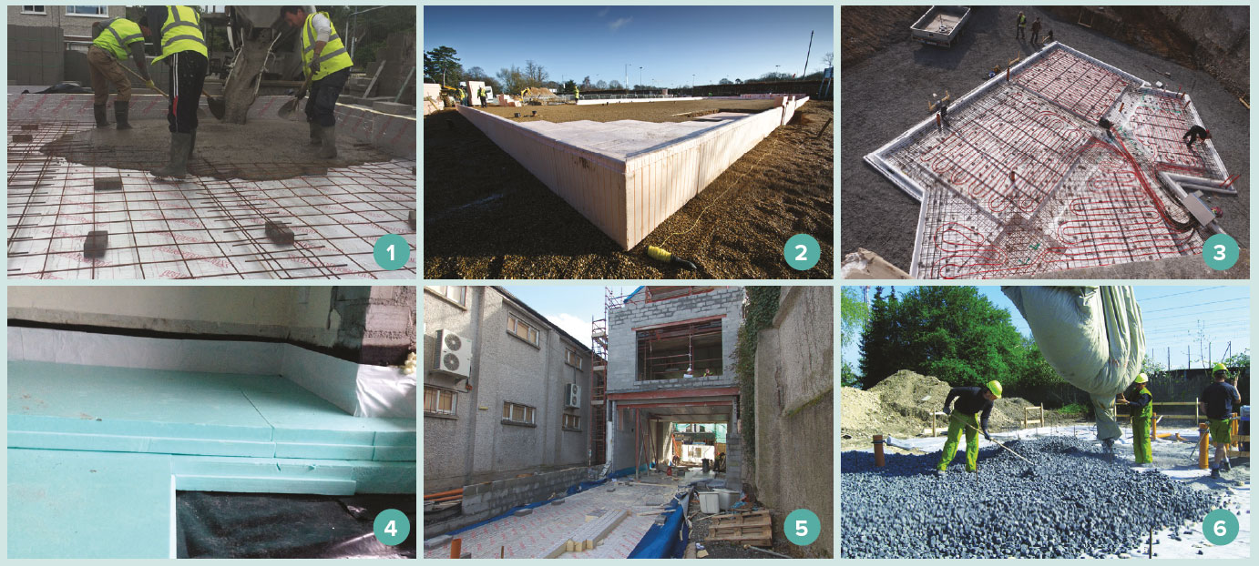 1 pouring a concrete slab over Xtratherm insulation with an upstand of insulation around the edges; 2 An Isoquick passive slab foundation at the landmark passive-certified UEA Enterprise Centre; 3 aerial view of a Kore insulated foundation system with two ring beams; 4 XPS insulation laid on the excavated ground floor of Ireland’s first certified passive house retrofit project, designed by PH+ columnist Simon McGuinness; 5 150mm Xtratherm insulation laid under the floor slab of Ireland’s first passive house pharmacy, on a tight site in Tipperary; 6 Geocell, a foam glass gravel material that is both load-bearing and insulating.