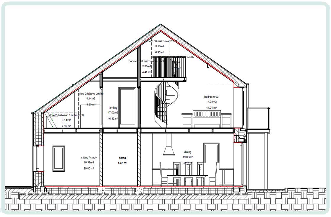 (above) Example of a simple clear section drawing of a house with the airtightness layer marked clearly in red.