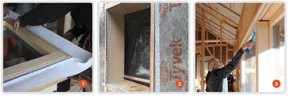 1 Airtightness tapes pre-fitted on Smartwin passive house certified timber windows; 2 plywood box window reveals; 3 energy consultant Nick Grant uses a smoke pencil to look for air leakages around the windows.