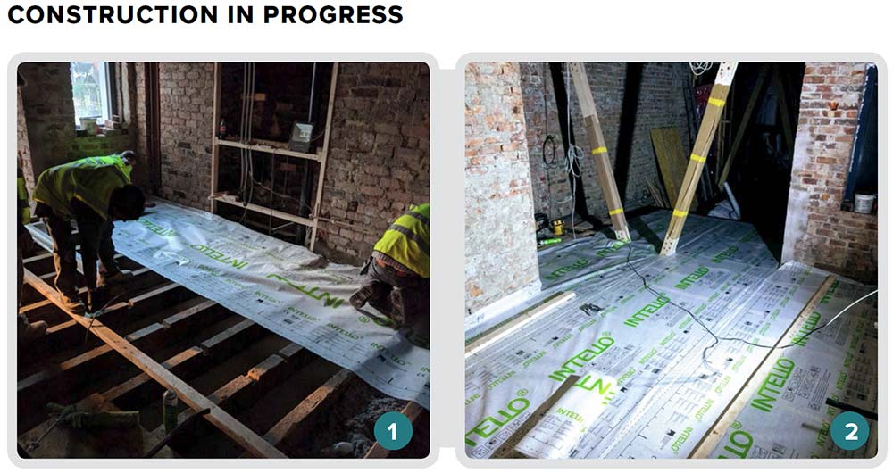 1 The team preserved the original 175mm deep floor joists, which were insulated with cellulose, with Steico Protect Dry woodfibre insulation below the joists; and 2 an Intello or Siga airtightness and vapour control membrane above.