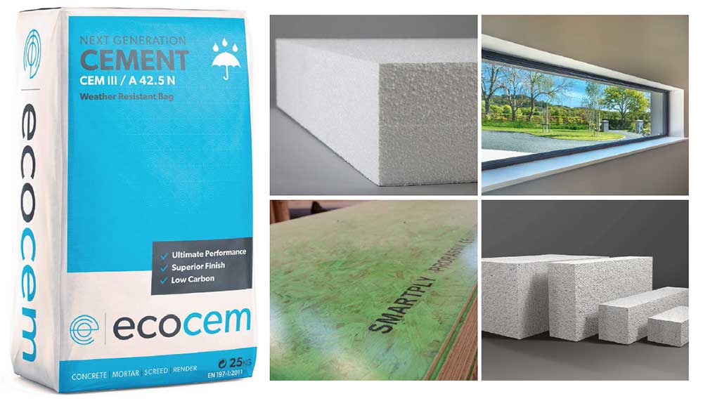 Products with environmental product declarations through EPD Ireland include (clockwise from left) Ecocem cement, KORE EPS insulation, Munster Joinery windows, Quinn Lite thermal blocks and Smartply ProPassiv OSB