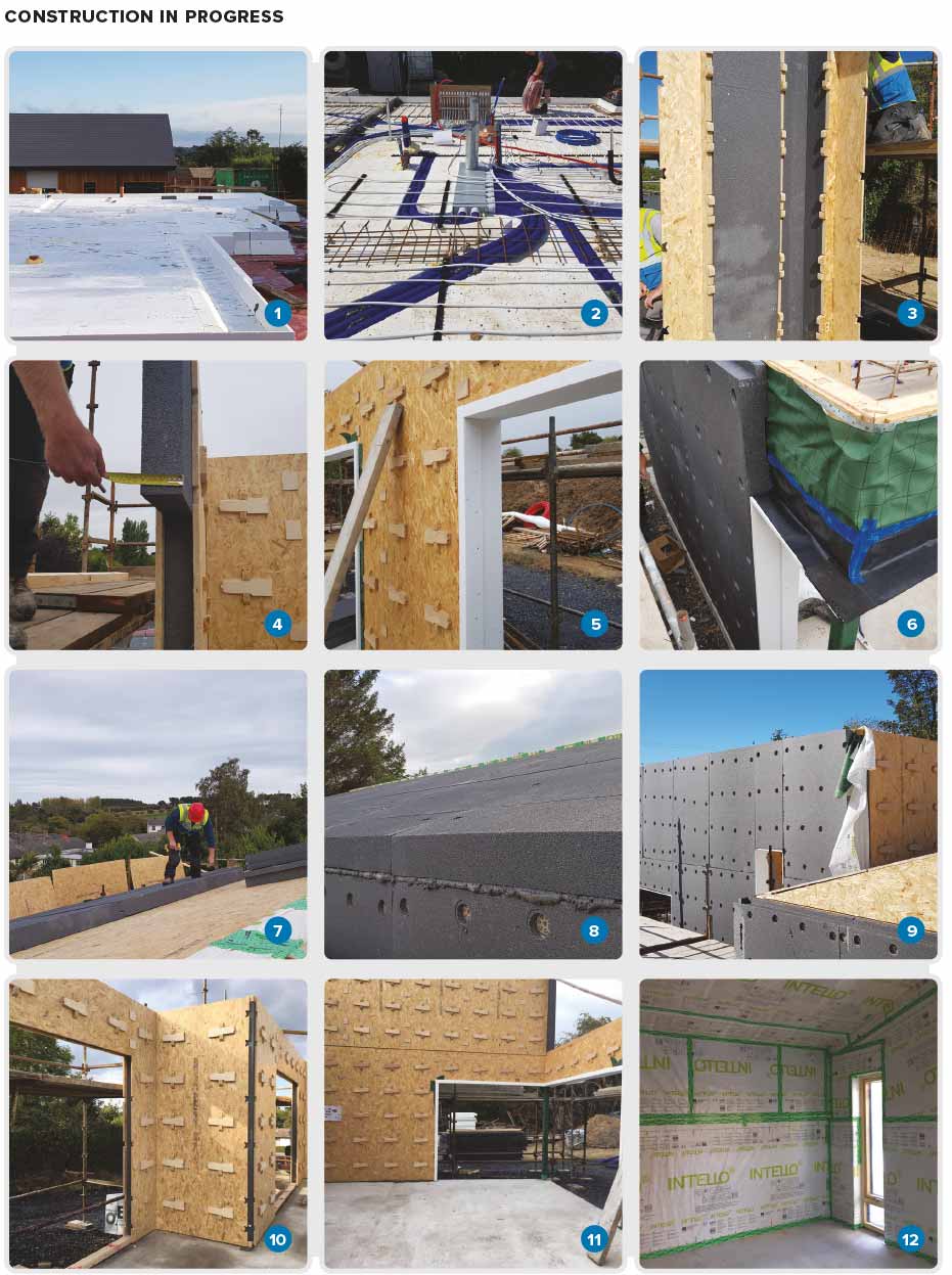 1 The ground floor features a Kore EPS insulated formwork foundation system; 2 laying pipes for the underfloor heating system (in white) and ducts for the ventilation system (in blue); 3 erection begins of the Glavloc G Loc Zero external wall system; 4 the rapid-build system features 90 mm EPS70 wall insulation between the two OSB3 racking boards; 5 closing and insulating the window reveals; 6 the build system also features 125 mm KORE platinum EPS70 external insulation; 7 & 8 a further 150 mm grey EPS70 is installed over OSB sheeting on the roof; 9 further external insulation being installed; 10 & 11 construction of the Glavloc system well under way, with large openings left for the glazing; 12 pro clima Intello membrane to wall and ceiling, with airtightness taping.