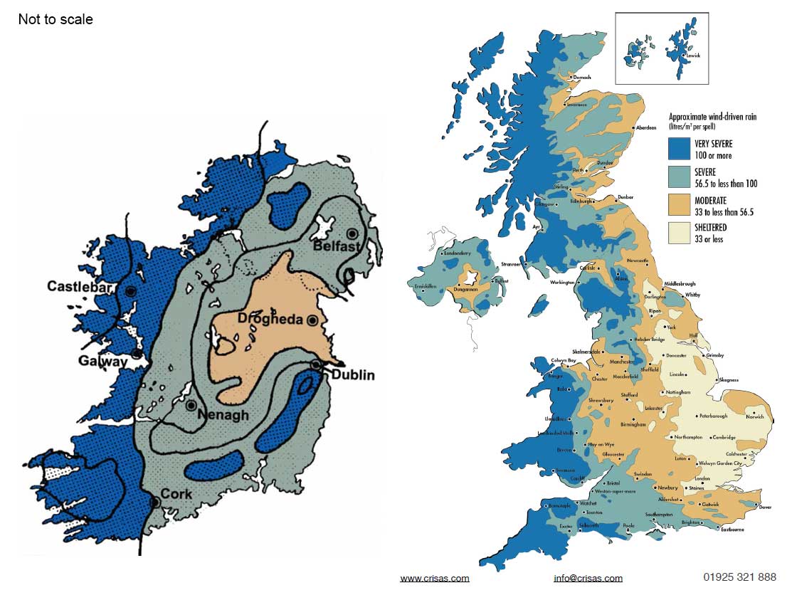 Maps showing geographical exposure to wind-driven rain for Ireland & the UK. Some experts believe that areas with high levels of wind-driven rain may be unsuitable for cavity wall insulation. Irish map: Joseph Little, adapted from BS 5262 coloured as per BR 262 UK map: BR 262