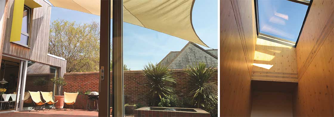 Summer comfort is managed by a design which includes a fabric sail, and purge ventilation via roof windows which open and close automatically based on temperature and rain sensors.