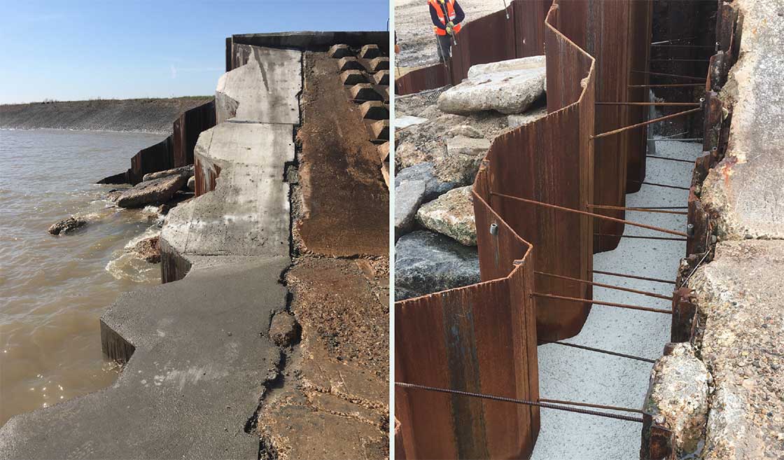 above Cemfree low carbon concrete was used by the Environment Agency to achieve an 88% embodied carbon reduction in sea defences at Foulton Hall, Essex.