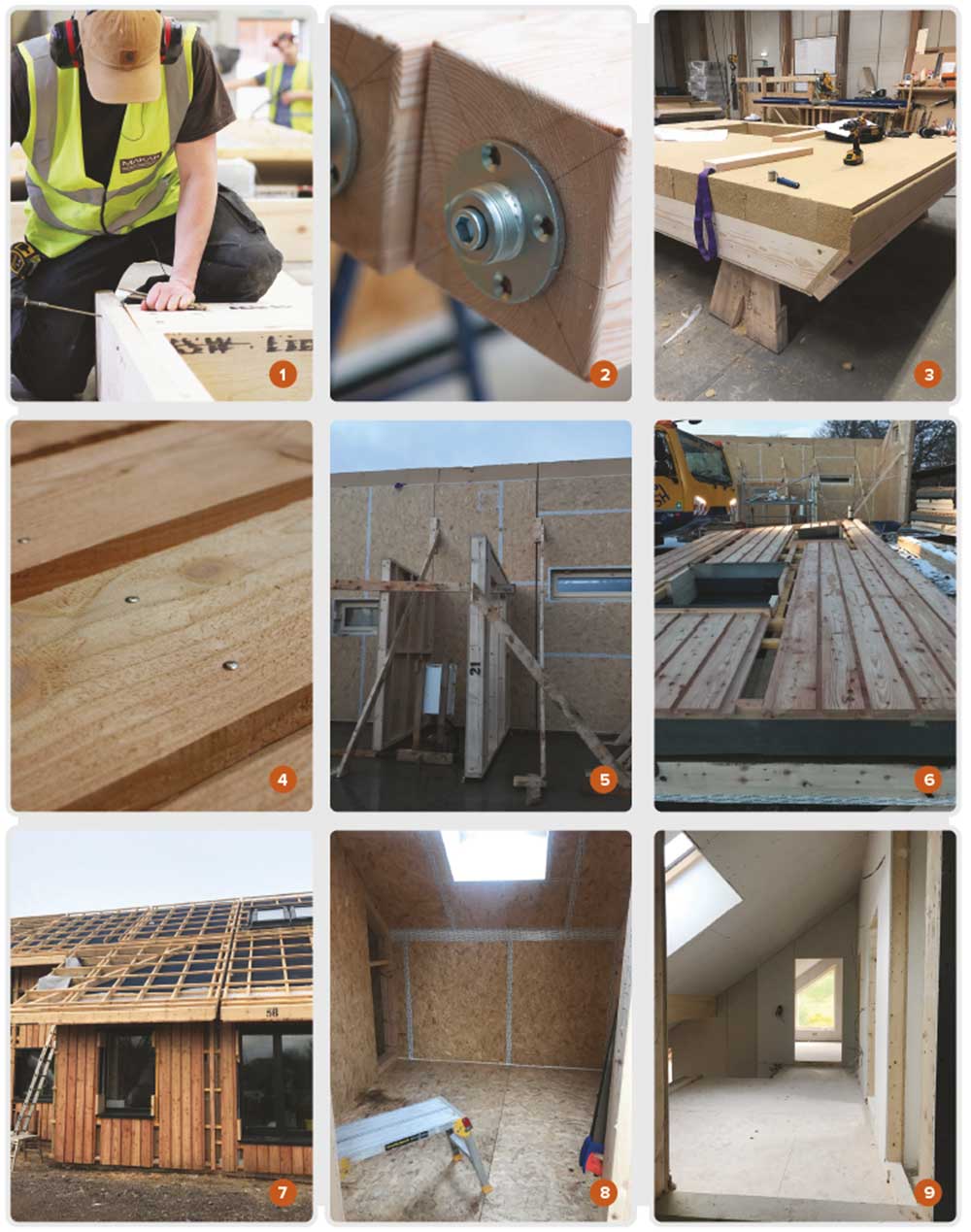 The Makar prefabricated timber frame system being built in their workshop, showing 1 the frame, 2 the postbase, 3 the roof panel, and 4 the cladding; 5 & 6 assembly of the frame on-site; 7 the panels are built complete with insulation, doors, windows, roof and cladding; 8 18 mm OSB board was used as an internal airtight layer, and taped at all junctions; 9 the walls are fi nished inside with plasterboard enclosing a woodfi bre-insulated service cavity.