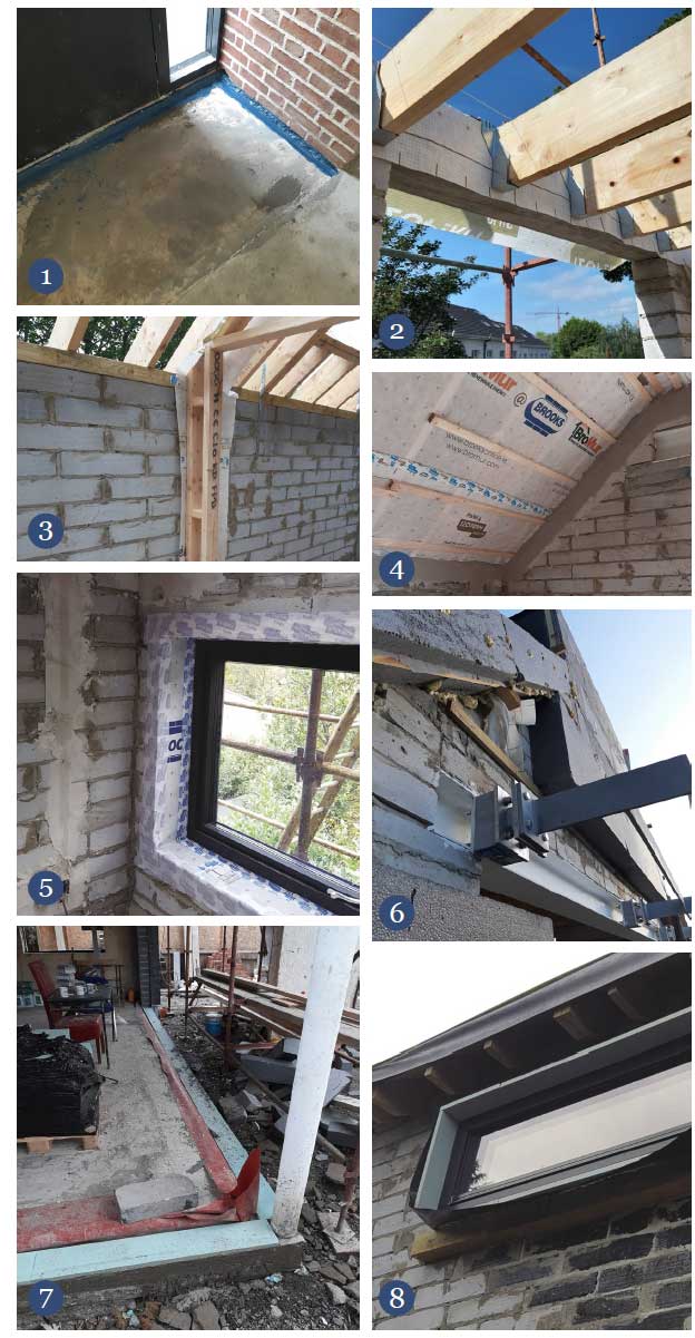 Airtightness works included 1 use of blowerproof liquid airtight paint, seen here at the wall-to-floor junction; 2 & 3 use of airtightness membrane behind joist ends and partition walls; 4 Partel Izoperm membrane behind service cavity battens to the roof; and 5 Partel Conexo tape around window frames; meanwhile thermal bridging measures included 6 Schoeck Isokorb thermal breaks; 7 & 8 and Partel Alma Vert structural insulation (seen here in green).