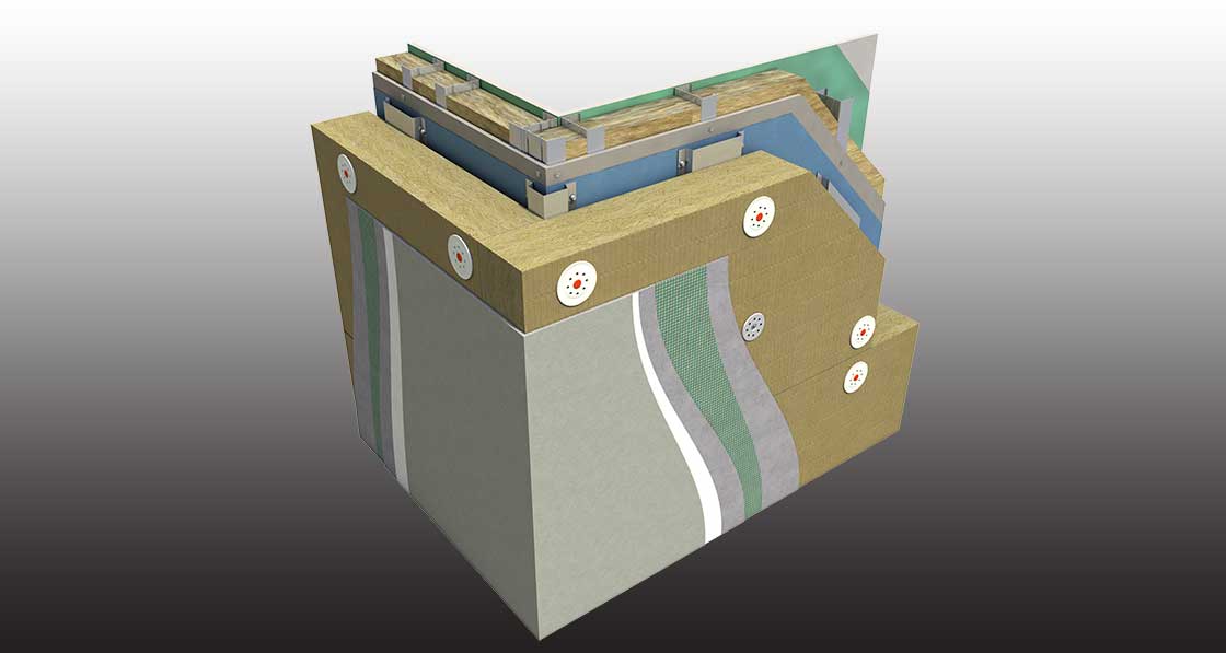 Cross-section image of a light-gauge steel frame wall insulated with KEWI.