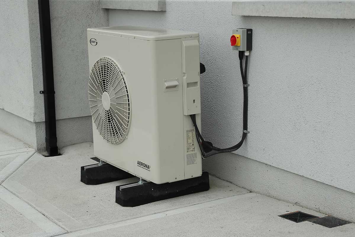 The outdoor unit on the Grant Aerona3 R32 air-to-water air source heat pump