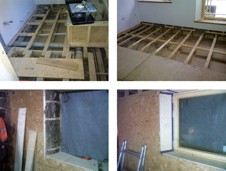 (above) metal web floor joists enable the HRV ducting to be run discretely through the house, along with pipes and wires; (bottom) the timber frame walls are insulated with Warmcel cellulose insulation but with Natuwool sheep wool insulation at service voids and window reveals and finished with plywood boxes