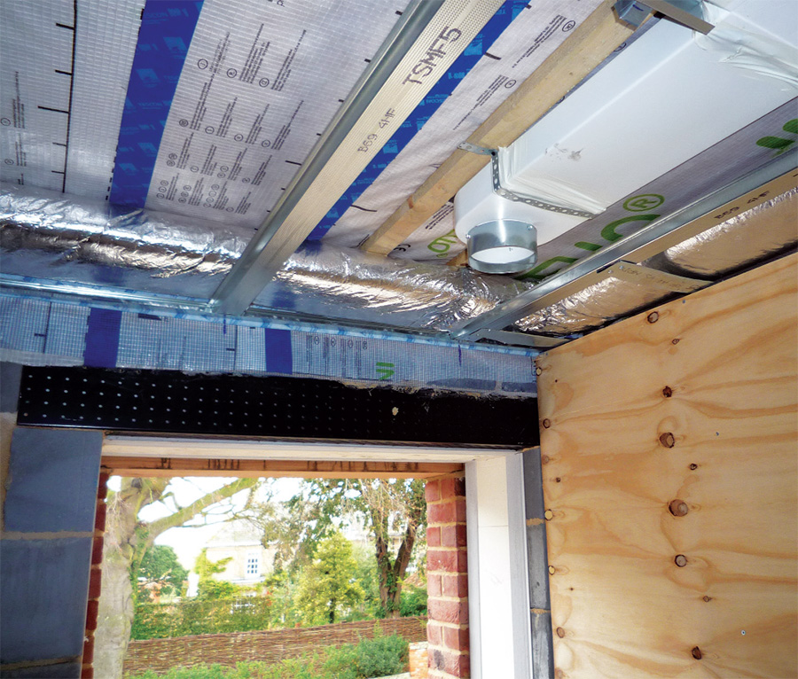 Airtightness measures included the installation of a Pro Clima Intello membrane and a suspended ceiling system to house ductwork