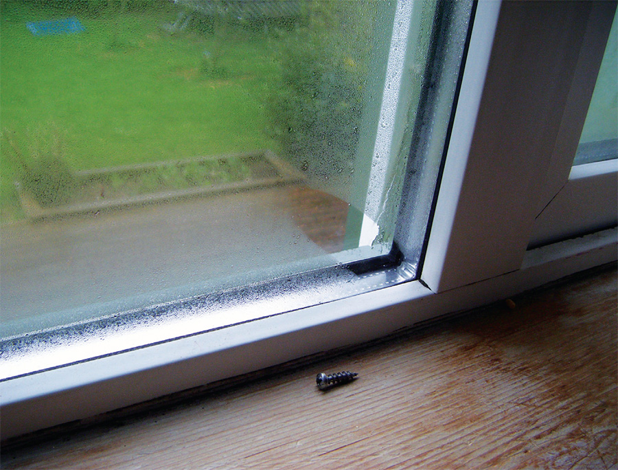 Condensation build-up on a window in a home built during Ireland’s construction boom – the clear spot is due to a leaking air seal in the window