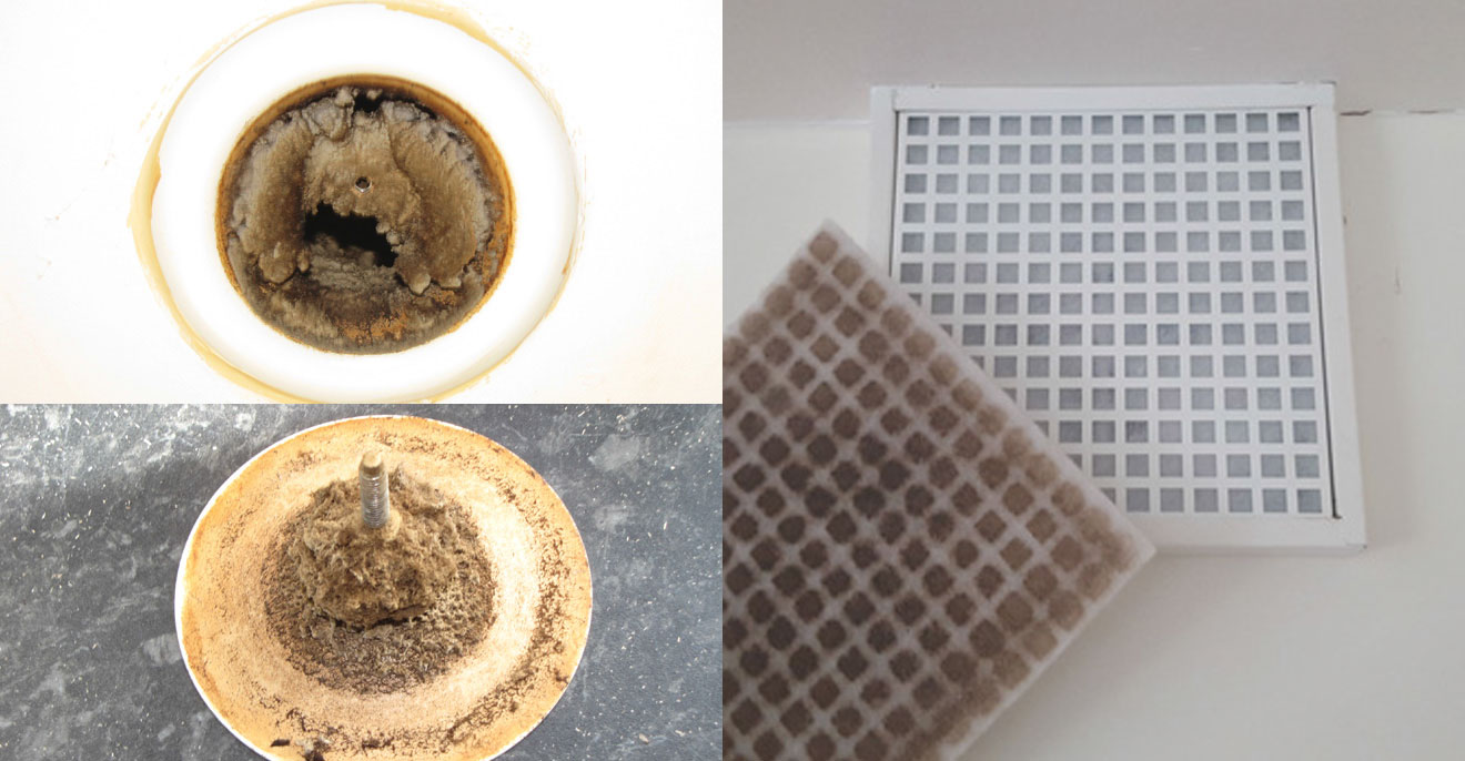 (top left and bottom) Examples of heavily contaminated kitchen extract using a valve-type terminal; (right photo) Best practice using an extract terminal with a filter cassette