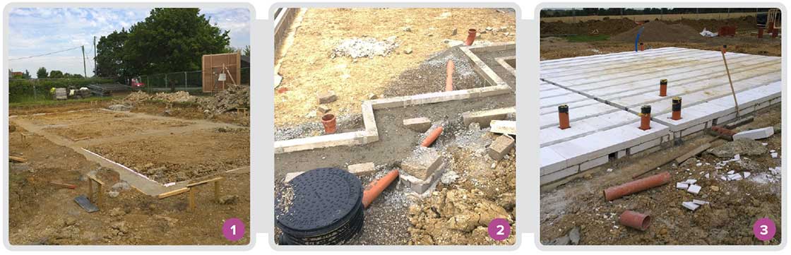 1 Laying the self levelling sand-and cement screed for the foundations; 2 the rising walls with Thermalite aircrete blocks at the base to minimise thermal bridging; 3 200mm of PIR insulation to provide insulation under the ground floor.
