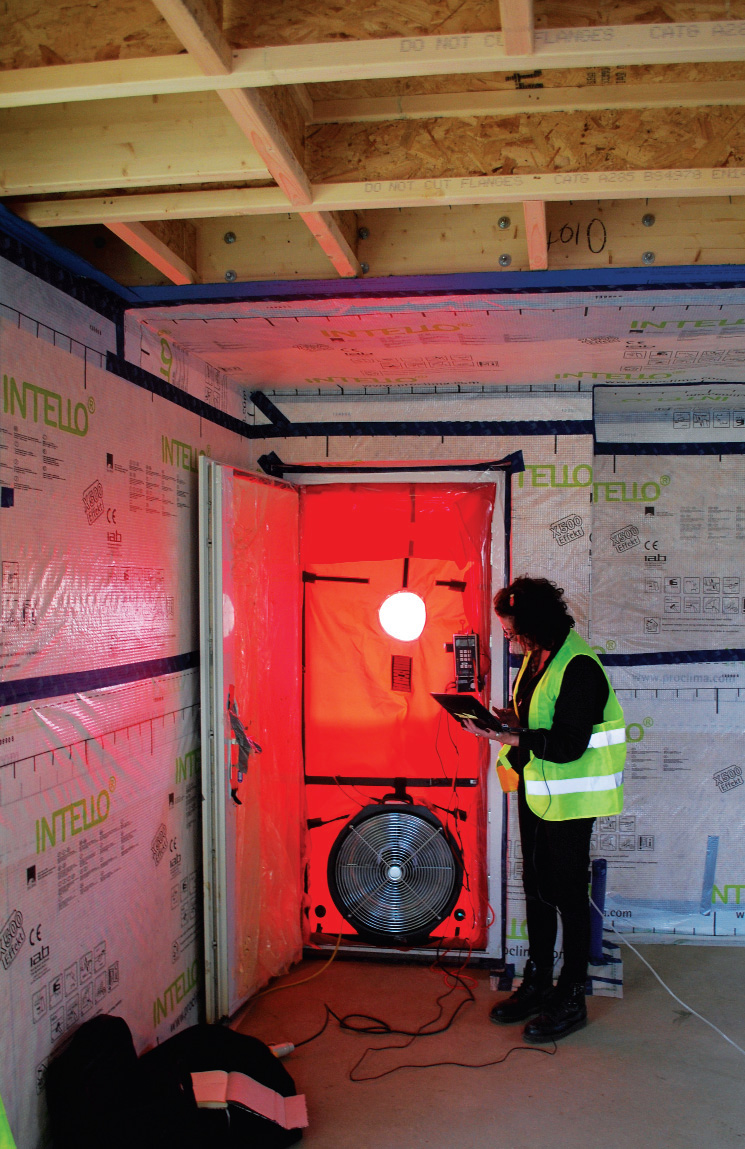 A blower door test in progress to measure the air leakages in the building