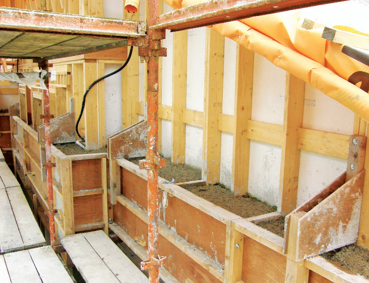 The Tradical Hemcrete is mixed on site with water and poured into timber-shuttering against the timber frame structure