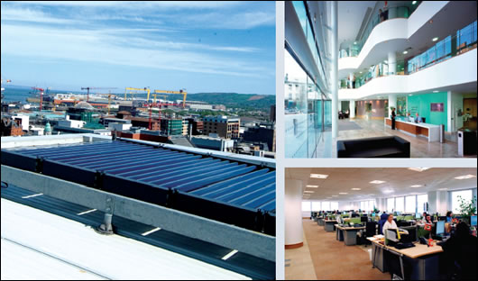 (Clockwise from top left) Evacuated tube solar panels on the roof othe building; The double height, glass fronted reception area where movement up to the first and second floors level can be seen; All floors are fully open plan to encourage a collaborative working environment and improved communication; floor voids form a vital part of the building's ventilation strategy