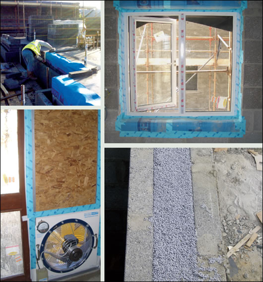 Clockwise from above) Attention to thermal performance is evident throughout Magner Development's Mallow homes. An airtightness test being conducted; a first floor joist being made airtight; a window sealed to high levels of airtightness; a cavity wall fully filled with bonded bead insulation