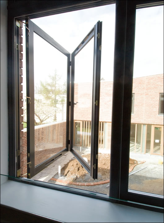 The twenty-two bedrooms all overlook one or other of the three gardens, and Supply Air Windows are installed in each as part of the Dwell-Vent passive HRV system, allowing a constant supply of preheated fresh air into the building