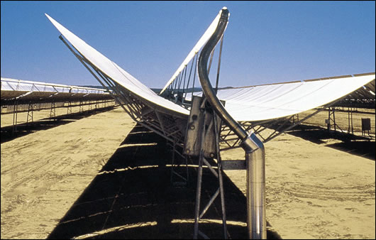 Concentrating Solar Power (CSP) plants, harness the sun’s heat using curved mirrors to heat a pipe through which water flows, and if built in North African deserts could meet the energy demand of the EU
