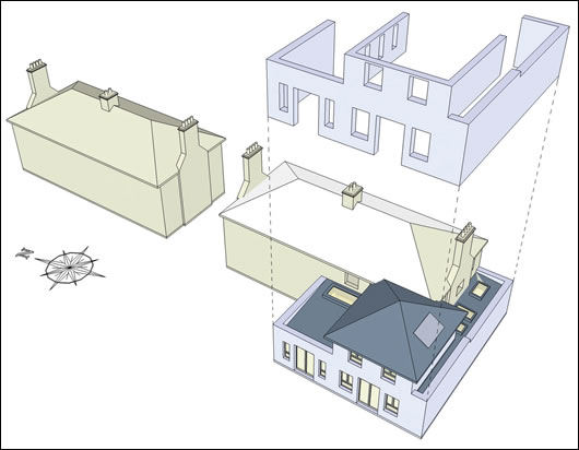 Figure 3: Exploded 3D view of study house focusing on new walls