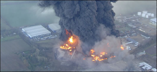 Aerial view of the explosions which occurred at the Buncefield oil storage depot, Hertfordshire, in 2005. Three years on, the depot has still not rot re-opened
