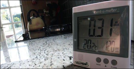 A plug-in electricity meter at the house of Bernard McCabe and Fionna Fox in Dublin's inner city gives a live read out of carbon emissions, temperature and electricity costs