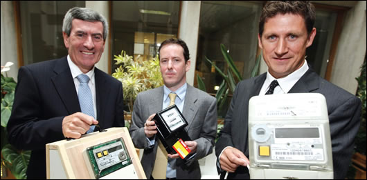 ESB chief executive Padraig McManus, energy commissioner Dermot Nolan and energy minister Eamon Ryan pictured at the launch of the national smart metering plan in September. McManus can play a key role in financing en masse energy reduction by developing ideas ESB has already successfully implemented. The utility was behind a successful initiative in 1980-81 to insulate 30,000 attics, adding the insulation cost to the ESB bills of the homeowners who benefited