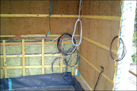 insulation is principally sheep’s wool with wood fibre Holzflex installed in the inner services cavity