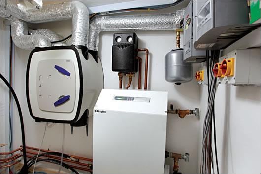 The Xpelair HRV unit and Dimplex heat pump, which draws energy from ground loop collectors