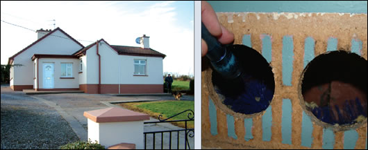(left) Usher Insulation pumped the cavities of this house in Pullagh, Co Offaly and sealed the holes to leave no trace of the work; (right); a cavity brush used to ensure that the vent hasn't been blocked with insulation. 