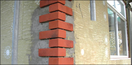 The Brickshield system from Ibstock features high density Rockwool insulation coated with an adhesive mortar and finished with Ibstock's real brick slips