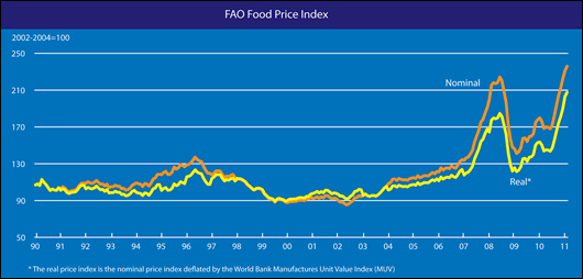The FAO Food Price Index shows global prices for meat, dairy, cereals, oils and sugar. In January 2011, the index hit an all time high of 231