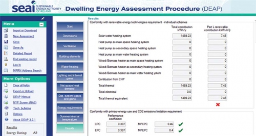 The Part L conformance results page from Deap. According to SEAI buildings which don&#039;t tick every box may nonetheless comply with Part L, providing an alternative method of compliance has been used