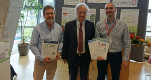 Pictured at the International Passive House Conference are (l-r) ProAir MD David McHugh, Passive House Institute founder Prof Wolfgang Feist and Smartply innovation manager David Murray, who also received passive house certification 