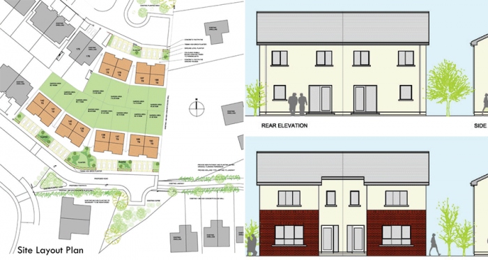 Site plan and elevation views of Michael Bennett’s low cost passive house scheme at Madeira Oaks, Co. Wexford