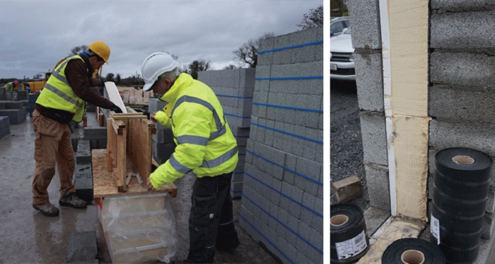 Pat Doran working with a blocklayer to cut cavity insulation to ensure thermal performance isn&rsquo;t undermined by inaccurate installation