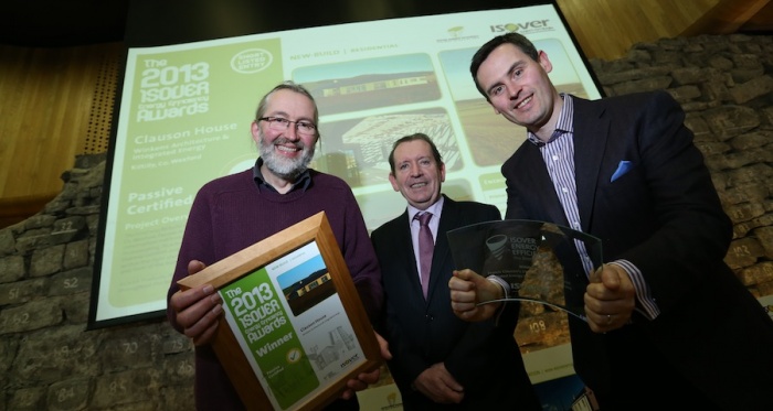 Isover&#039;s Brian Dolan (centre) with award winners Zeno Winkens (left) and Archie O&#039;Donnell of Integrated Energy (right) 